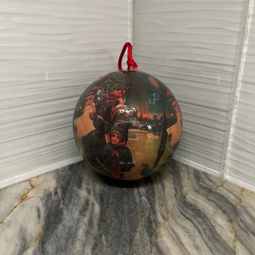 Vintage Decoupage Paper Mache Christmas Ornament With Santa Child Lamp Reading